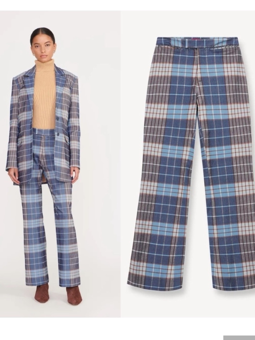STAUD Women’s Pirouette Pants Kick Flare Contemporary French Blue Mega Plaid S